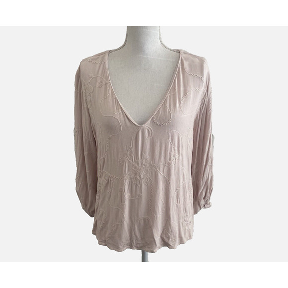 Zara Blouse Top Womens Sz‎ S Pink Floral Embroidered Long-Sleeve Boho Peasant - Picture 1 of 7